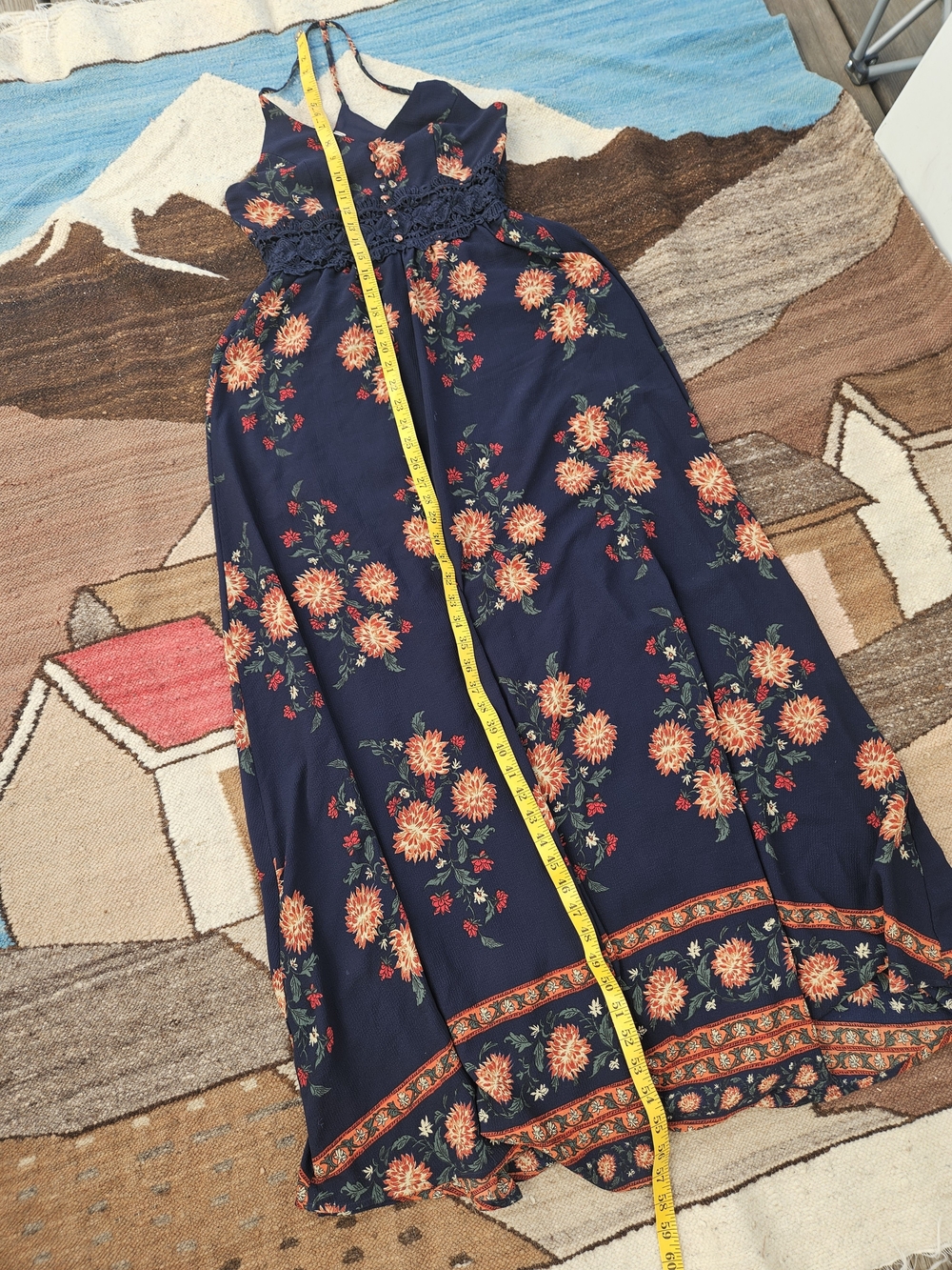 Boho Floral Maxi Dress Navy Blue Orange Floral Lace Waist Cottagecore Size M - Picture 7 of 11